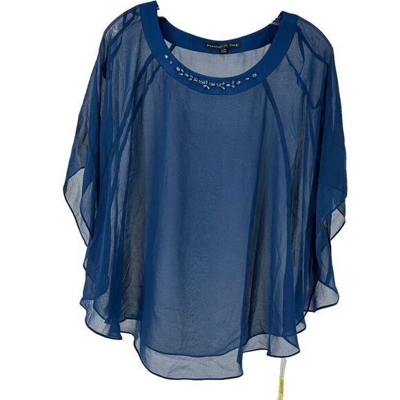 Preston York Cape Top Blue Sheer Gemstone Bead Embellished Size L XL Crew Neck - Picture 1 of 9